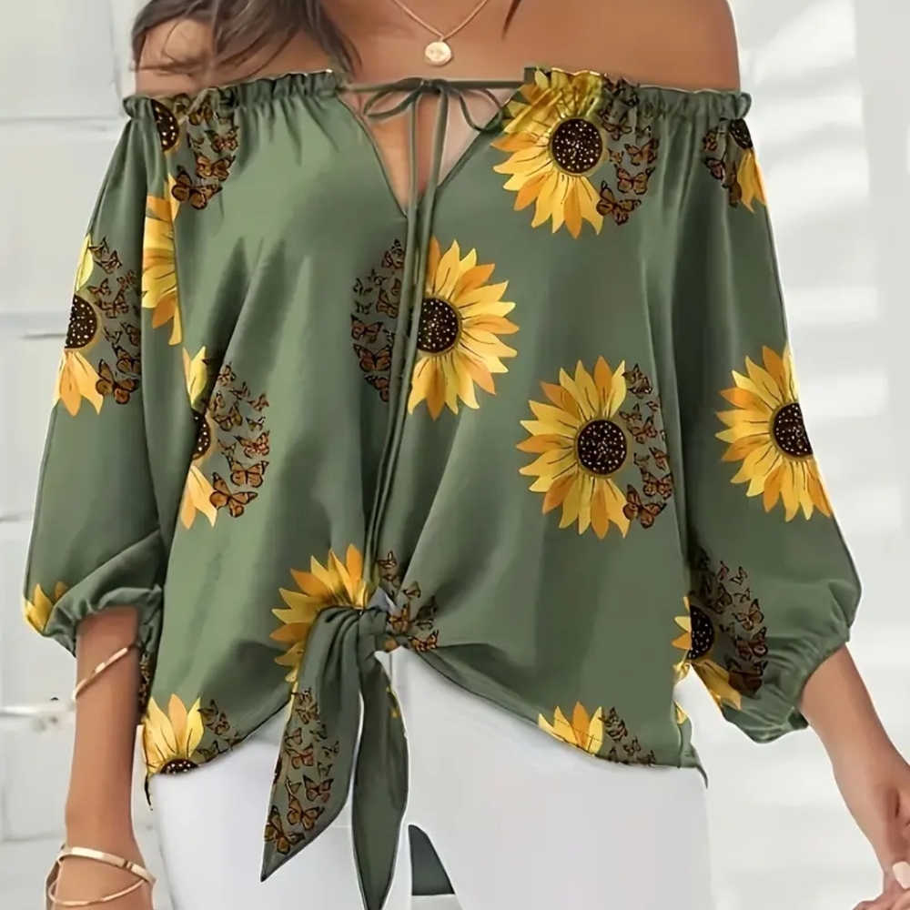 Sunflower Print Off-Shoulder Top